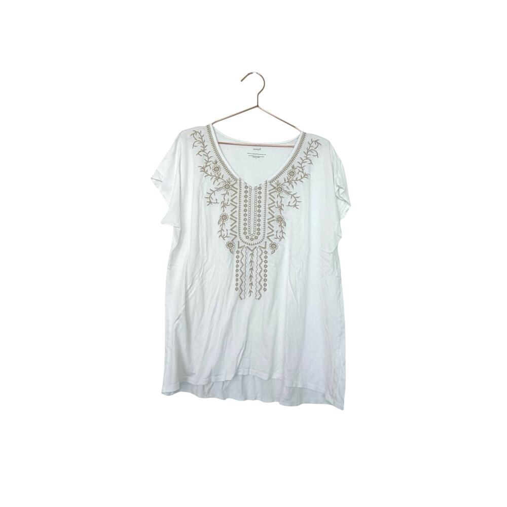 Purejill White Embroidered V-Neck Tunic eliptical Top with Gold Detail